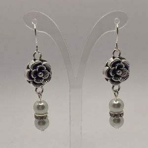 Beautiful Rose Drop Earring Pair with Pearls and Rhinestones